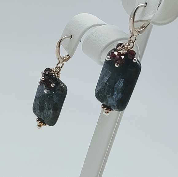 Sterling Silver Larvikite and Garnet Cluster Earrings - Picture 6 of 9